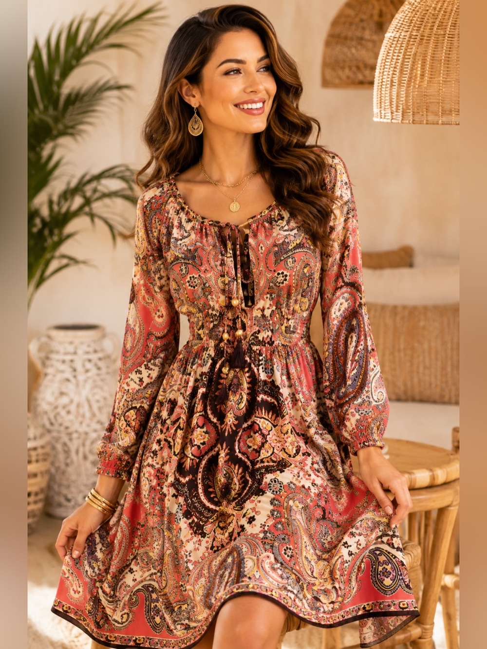 Muse Size 6 Paisley Midi Dress Gold Chain Trim Boho Long Sleeve